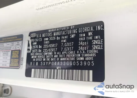 2016 Kia Sorento 2.4L Lx из США, поврежденный, VIN 5XYPG4A33GG053905